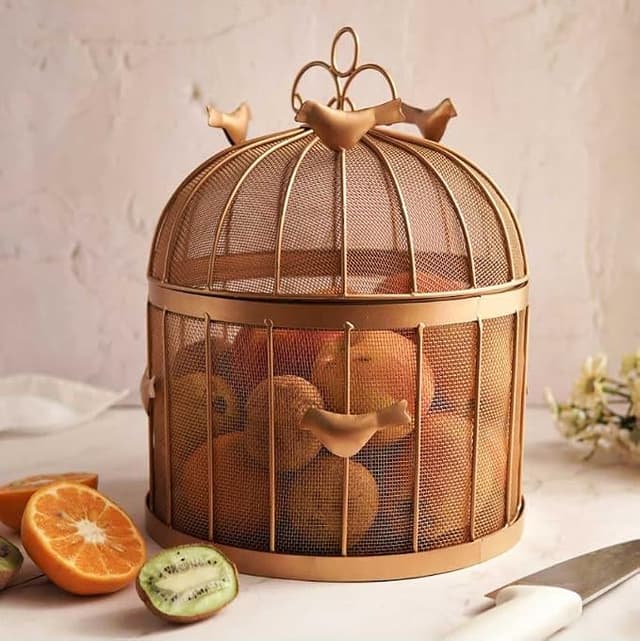 Indo Art Collection Fruit BulBul Basket with mesh (Jaali) & Lid Countertop Ideal for Storing Fruits, Vegetables | Insect Proof | Size-10x10x13 Inches (Golden) Round Shape